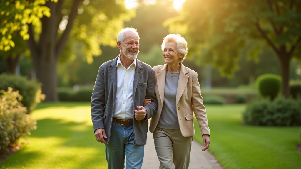 Pensionāru ģimene pastaigā pa dārzu, smaidoši un aktīvi