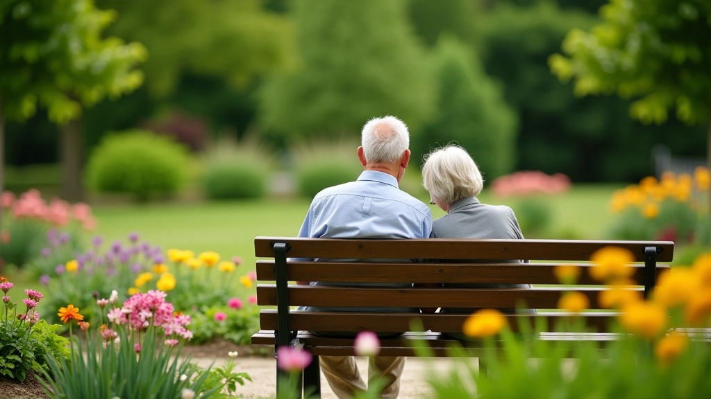 Pensionārs un pensionāre sēž uz terases sēdvietas, bauda skaistus ziedus un atpūšas