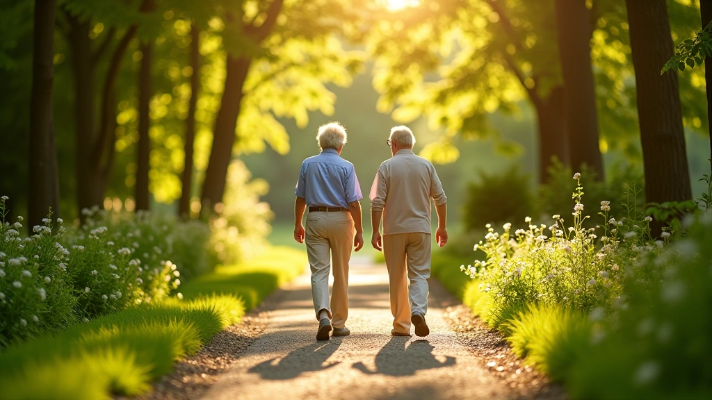 Geriātriskais pāris rīta saulē staigā pa dārza ceļu, baudam skaistus ziedus